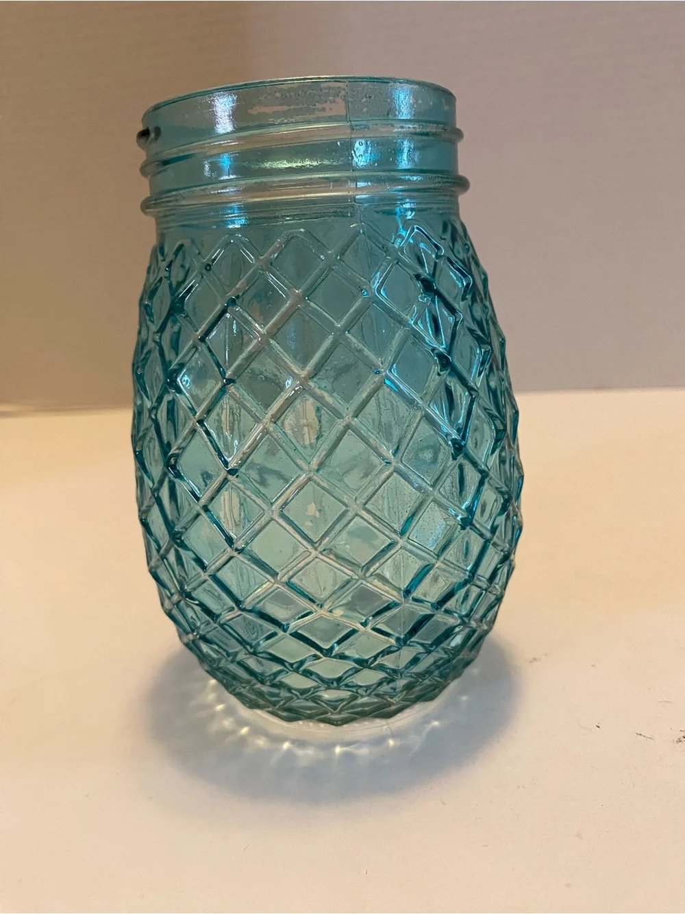 Vintage Style Blue Glass Flower  Jar with Grid Like A Pineapple No Lid